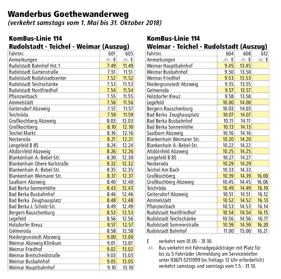 Fahrplan Wanderbus Goethewanderweg